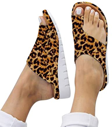 Onsoyours Sandalen Für Frauen Retro Comfy Premium Sommer-Hausschuhe Aushöhlen Flacher Ferse Flip Flop Beach Sandalen Damen Mode Plattform Open-Toe-Schuhe C Leopard 39 EU