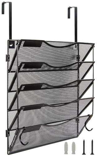 BOHDK Magazine File Holder 5 Pockets, Office Accessories, A4 Wall Mounted Document Holder, Foldable | Hanging or Wall Mounted | Label Panel | 2 Hooks | Office Home School Organizer, Black