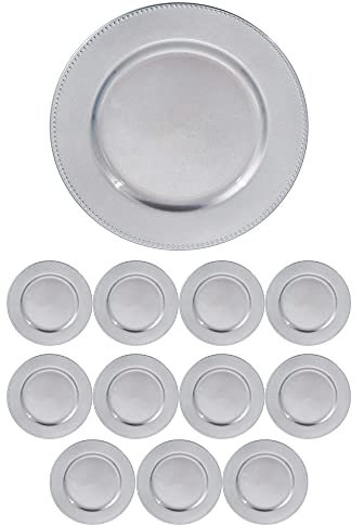 Generico 12x Sottopiatti con Bordo PUNTINATO Colore lucido Bordo a palline Tondo diametro 33 cm Natale cenone sotto Piatto Natalizio Capodanno Natale Cena Aperitivo Rosso, Oro, Argento (Argento)