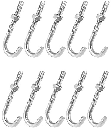 QWORK Steel J-Bolt 5/16 x 3 with Nut, 10 Pack Partial Thread Light Duty Anchor for Wood, Concrete & Metal Projects