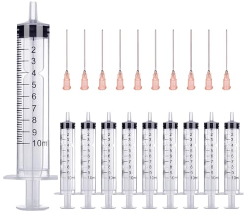10 Stück x 10ml Spritze & 10 x Kanüle Spritzen-Set mit stumpfen Nadeln,verschiedene Größen:1 ml,3 ml,5 ml,10 ml,20 ml,30 ml,60 ml,für Hobby und Heimwerker,einzeln steril verpackt