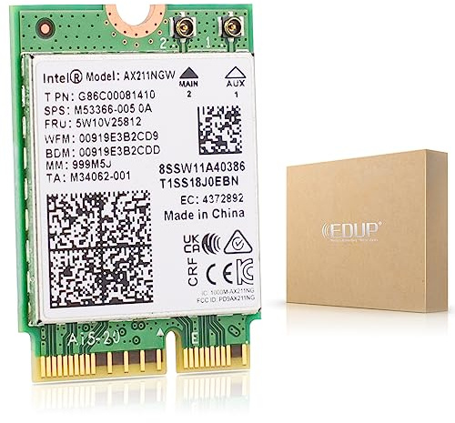 Intel AX211NGW Wi-Fi 6 Wireless Card M.2: CNVio2, Bluetooth 5.3, Tri Band 2.4/5/6 GHz Network Adapter for Laptop Support Windows 10/11 (64bit) Linux Chrome OS Only Available with Gen Intel 12+ CPU