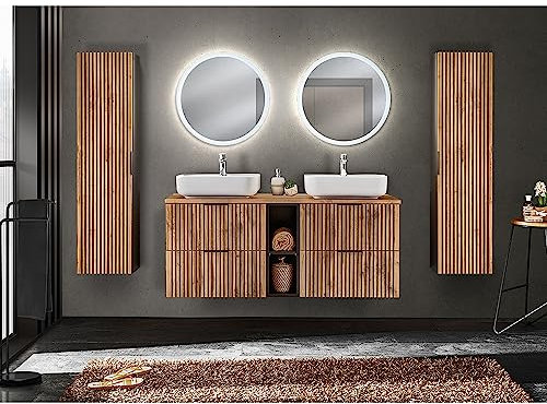 Lomadox Ensemble complet de salle de bain - 2 armoires hautes - Double vasque avec étagère de 141 cm - En céramique - Lavabo à poser - Éclairage miroir anthracite - Chêne anthracite - Rainures avant
