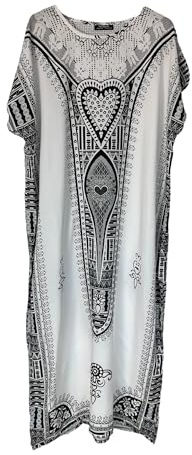 Kiran Fashion New Womens Long Maxi Cotton Kaftan Dress Summer Dashiki African Beach Cover One Size (White)