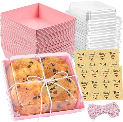 Maridergo 24Pack Paper Charcuterie Boxes with Clear Lids, Oil-Proof Kraft Paper Cake Slice Boxes Square Food Containers with Stickers and Twine for Home Baking and Party