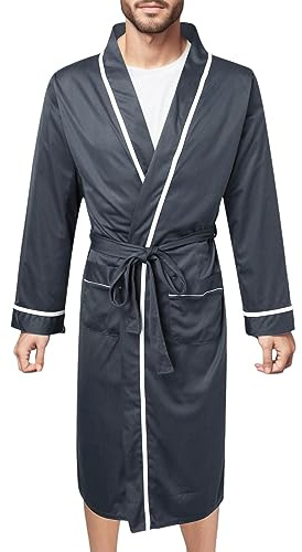 WAZHAKU Men's Lightweight Cotton Dressing Gown Long Sleeves Travel Bathrobe Kimono Sauna Gown Man Leisure Loungewear with Pockets and Belt House Coat Long Dressing Gown Bathrobe
