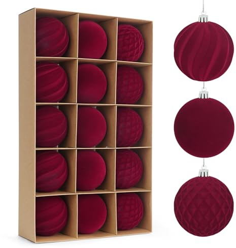 Miaikoe 15 Stück Samt Weihnachtskugeln hängende Ornamente Set, vorgebunden zerstörungsdicht Plastik Flocked Weihnachtskugeln Weihnachtsdekorationen Festival Feiertag Party Dekor (Rot, 8CM)