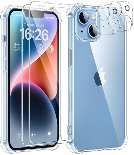 SOGUDE 5 en 1 Coque pour iPhone 14 avec 2 Verre Trempé et 2 Caméra Protecteur, Étui de Protection Antichoc avec Coussin d'air Intégré Mince Bumper Housse- Transparente