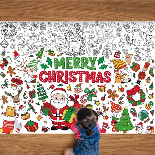 PEUTIER Noël Affiche Géante à Colorier avec 12 Stylos Peinture, 110x80cm Merry Christmas Grande Bannière à Colorier Nappe Bricolage Noël pour Enfants Fournitures de Fête Activités de Vacances