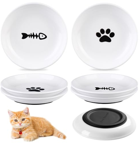 Cuenco para gatos de cerámica, 6 unidades, plato de comida para gatos de cerámica, cuencos para gatos, cuencos de cerámica con alfombrilla antideslizante, comedero húmedo para gatos, cuencos planos