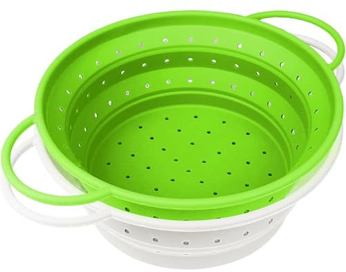 RHAFAYRE Lot de 2 passoires de cuisine pliables en silicone avec poignées - Passoire à pâtes, égouttoir pour pâtes, légumes, fruits et haricots, blanc + vert