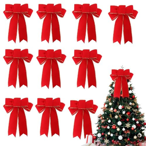 10 Pezzi Fiocco Rosso Grande Natale, Fiocchi Velluto Albero di Natale, Fiocco di Velluto Natalizio, Fiocchi Rossi Albero di Natale, con Bordo Dorato Glitterato, per Decorazioni Natalizie (19*24 cm)