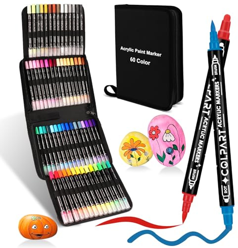 colpart Acrylstifte für Steine wasserfest-Steine Ostereier zum Bemalen Doppelendige Acrylic PaintPermanent Marker Stift Für Kunststoff Glas Holz Keramik Metall Reifen Leinwand.60BagtypeBrushSet