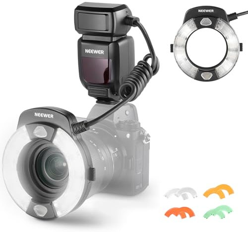 Neewer RF1-N Marco Ring Flash Light Compatible con Fotocamera Nikon, 76Ws GN15 5600K TTL, 1-1/128 Salida Delantera/Trasera Cortina Gel Color Anillos Gel Adaptador para Macrofotografía Estudio Fotos