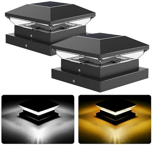 NATPOW Solar Post Lights, Solar Garden Lights Warm White & Cool White Fence Post Light, Auto On/Off Garden Post Cap Lamp IP65 Waterproof for Wooden Posts, Park Squares, Courtyards, Fence(2 Packs)