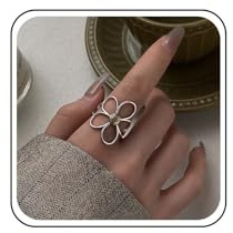 Inateannal Anillos de margaritas vintage de plata, anillo abierto ajustable, anillo hueco de flores grandes, anillos ajustables para nudillos, joyería para mujer