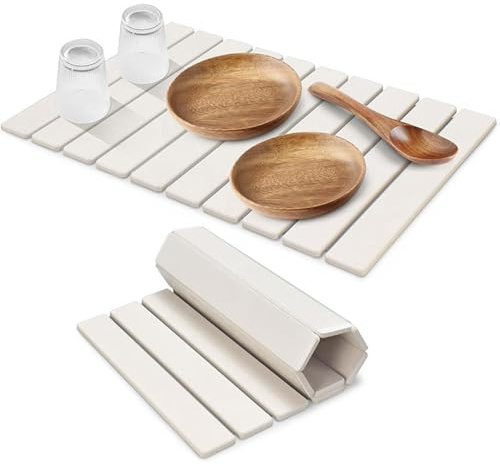 Tappetino scolapiatti in pietra per bancone della cucina, pieghevole, antiscivolo, ad asciugatura rapida, super assorbente, per bancone della cucina (bianco, 60 x 39 cm)