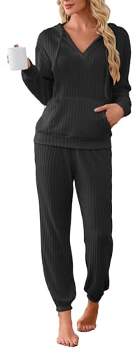 Famulily Lounge Wear Sets for Women UK Ribbed Knit V Neck Hoodies and Jogging Bottoms, Ladies Tracksuits Comfy Leisure Suits Long Sleeve Pyjamas Nightwear (M, Black)