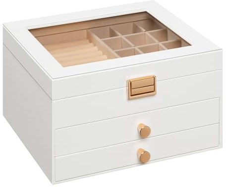 HOOBRO Caja Joyero de 3 Niveles, Caja para Joyas, Forro de Terciopelo y Tapa Abatible, 2 Cajones y Ventana Transparente de Acrílico, para Collares, Pendientes, Anillos y Relojes, Blanco EWT26JB04
