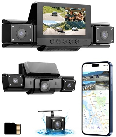4 Channel Dash Cam 360 View Front Rear Left Right Car Camera,GPS and 5GHz Band WiFi,APP Control,G-Sensor,24H Parking Mode,8PCS IR Lights Night Vision,Wide Angle,WDR,Included Free TF Card