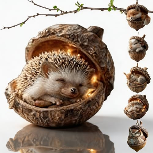 3D Forest Animal Acorn Ornaments, Woodland Christmas Decor with Realistic Animal Figures, Resin Hanging Ornaments for Christmas Tree, Home, Party Decor, Cozy Forest Theme Collection (Hedgehog)
