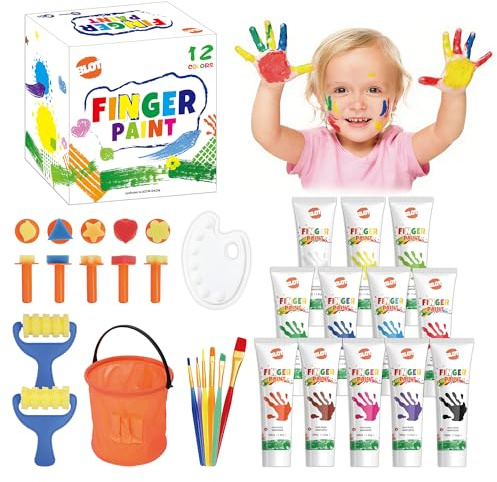 BLOT Peinture au Doigt Lavable pour Tout-petits, Peintures Lavables pour Enfants, 12 Couleurs (36ml chacune), Inclut 7 Outils Éponges, 6 Pinceaux, Palette et Seau, À partir de 3 ans