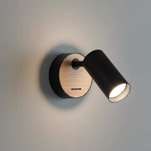 Barcelona Led Aplique de pared interior VILSA orientable GU10 con interruptor, lámpara de pared moderna en madera y negro, diseño nórdico foco para dormitorio, cabecero de cama y salón moderno