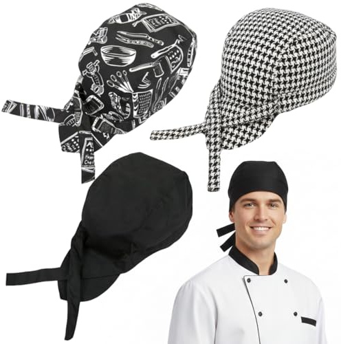 GWEOR 3 pcs Gorro de Cocina Ajustable Unisex, Gorros de Chef en Polycotton para Unisex, Cubierta para la Cabeza para Cocinar Asar Bandana Cap, Bandana para Restaurantes, Cocinas, Cafeterías