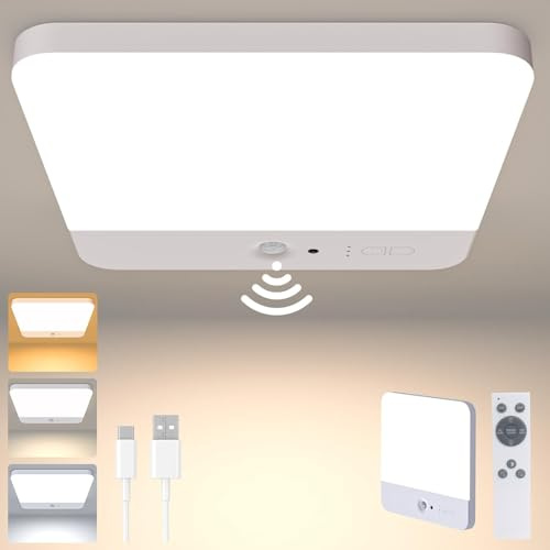 GCCATE Motion Sensor Rechargeable LED Ceiling Light, Size 7.3, White, 1PCS | 6000mAh Battery Operated, Remote, Magnetic, Wireless, 3 Color Temperatures, for Shed, Loft, Hallway, Porch, Stairs, Garage