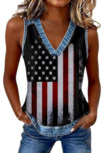 Tanktopp damer casual – jeansblus damer sommar sommarmode topp tryck toppar lösa blusar festlig linne party hållare festival väst utomhus skjorta V-ringad blustopp ärmlös toppar