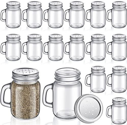 Tessco for you 12 Pcs 4oz Glass Salt and Pepper Shakers Clear Mason Jar Mini Salt Shakers for Farmhouse Kitchen with Metal Lid Handles for Vintage Kitchen Wedding Restaurant Home Accessories(Silver)