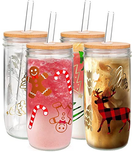 ANOTION Weihnachten Mason Jar Cups, 700ml Weihnachtsbecher mit Deckel und Stroh Weihnachtsbecher Trinkgläser Kaffeetassen