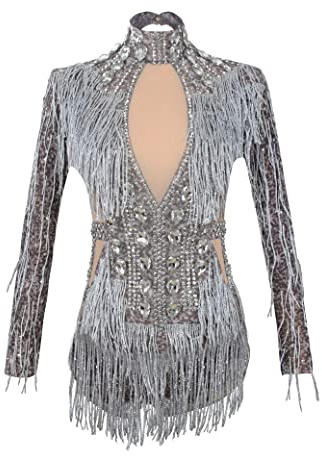 YUANTONG Body de malla transparente con diamantes de imitación para mujer, sexy, leotardo con flecos, traje de Drag Queen, disfraz de cumpleaños, baile, carnaval, Gris, Bust: 33.5 inches - 36.6