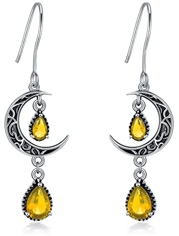 VONALA Keltische Mond-Ohrringe für Damen, 925er Sterlingsilber, Citrin, baumelnde Tropfen, Gelb, November, Geburtsstein, baumelnde Ohrringe, Mondschmuck, Geschenke für Frauen, Teenager, Mädchen
