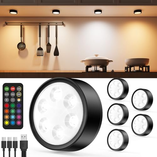 Luz Vitrina RGB Recargable USB, 2400mAh Luces LED Armario Bateria con Mando Foco LED Colores con Iman Luces Adhesiva con Pulsador Lámpara Cocina Bajo Mueble Sin Cable Luz Nocturna Interior Tactil