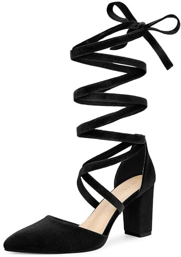 Allegra K Women's Velvet Lace Up Chunky Heels Pointed Toe Black Pumps 8 M US