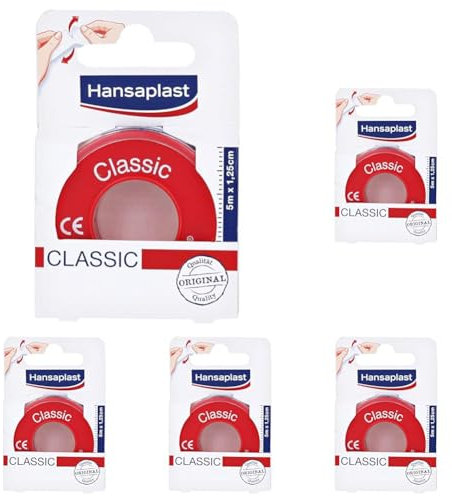 Hansaplast Fixierpflaster Classic (5 m x 1,25 cm), Tapeband zur einfachen und sicheren Fixierung von Wundverbänden, Heftpflaster Rolle mit starker Klebekraft. (Packung mit 5)