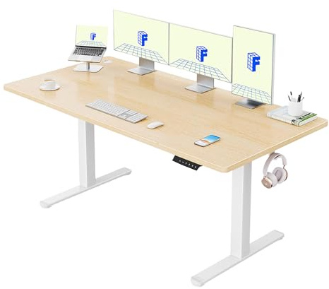 FLEXISPOT Standing Desk ONE PIECE Desktop Electric Height Adjustable Sit Stand Up with Backpack Hook Memory Smart Panel for Home Office, QN1 160 * 80cm Maple