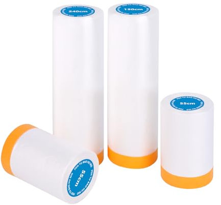 4 Rollen Abdeckfolie mit Klebeband, Abdeckfolie Maler Transparent (55cm*20Mx 2 ; 150cm * 20m x 1 ; 240cm *15m x 1), Abklebeband mit Folie zum Staubschutz, Selbstklebende Malerfolie, Goldband Malerband
