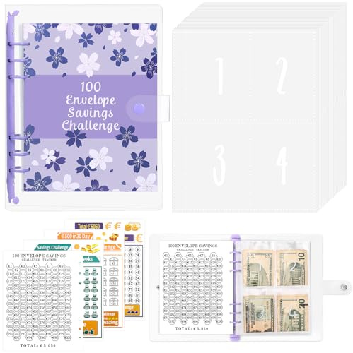 100 Envelope Saving Challenge, Budget Binder A5 con Registro del Reto y Fundas Perforadas Numerados para el Dinero, Carpeta Presupuestaria para el Reto del Ahorro – lila