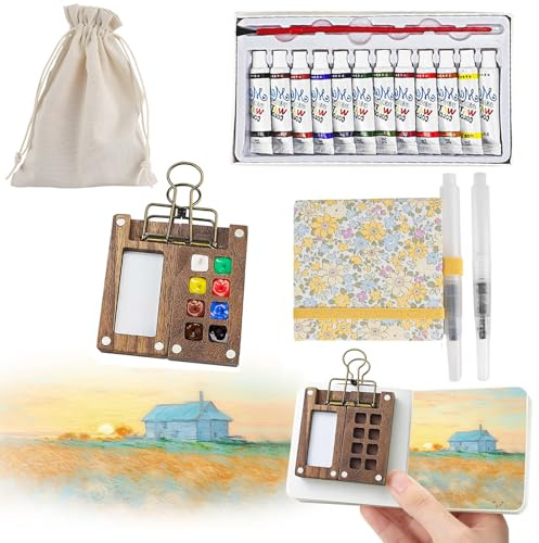 7 PCS Pocket Artist Watercolour Travel Set - 8 Grids Travel Watercolour Paint Set Portable, Mini Watercolour Paint Set Travel, Painting Set with Foldable Wooden Palette, Sketchbook, Brush (Yellow)