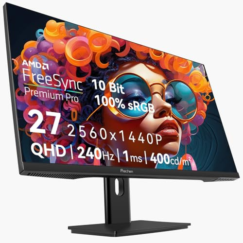 27 Zoll 2K 240Hz QHD 2560x1440P Gaming Monitor, 1ms, 400cd/m², 100% sRGB PC Bildschirm, AMD FreeSync Premium Pro Kompatibel, 2X DP1.4 & HDMI 2.0, Dual Integrierte Lautsprecher, VESA-Unterstützung