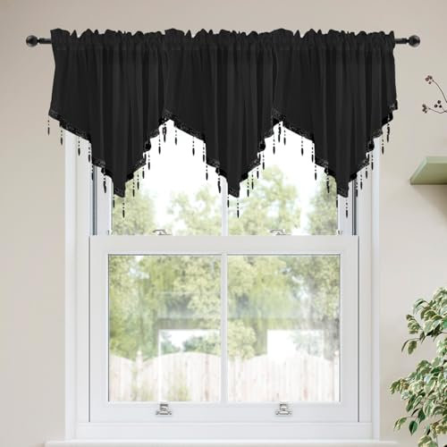 Molaxhome Lace Valance Swag Curtain 51 Inch Scalloped Sheer Curtain Panels with Crystal Beads - Rod Pocket Farmhouse Window Treatment for Kitchen Bedroom 1pc Boho Chic Drape Decor black
