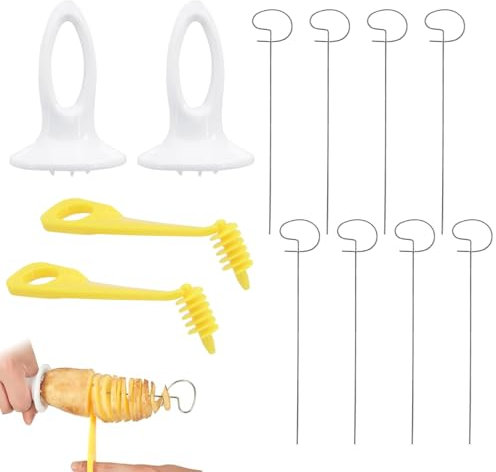 Ceeyoll Set di Taglia Patate a Spirale,Taglierina della Patata in Acciaio Inox,Potato Spiral Cutter,2Manico in Plastica,2Tagliapasta a Spirale e 8 Spiedini,per Torre di Patate,Barbecue,Cucina di Casa.