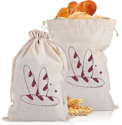 Reusable Bread Bags – 2 Pack Loaf Storage, Washable Fabric Bread Bags for Homemade Bread, Baguettes & Baked Goods –Breathable Cotton with Drawstring Closure