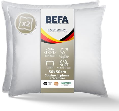 BEFA NATUR Cuscino in piuma 50 x 50 cm (2 pezzi), cuscino a 3 camere, 90% piumino e 10% cuscino in piuma, peso 550 g, per chi soffre di allergie (NOMITE), benessere degli animali (DOWNPASS), classe