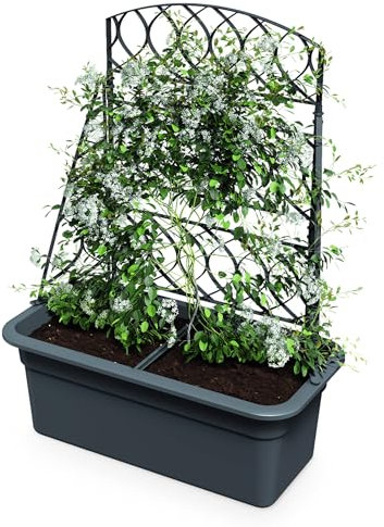 Kunststoff Blumenkasten anthrazit mit Rankgitter - 80 x 59 cm - Garten Pflanztopf mit Kletterhilfe - Rankkasten Blumentopf Pflanzkübel mit Spalier Pergola Rankhilfe für Tomaten Gurken Kletter Pflanzen