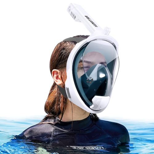 HINATAA Vollgesichts schnorchelmaske, 180° Doppel schwimmkugel Tauchermaske, Anti-Fog Lecksichere Tauchmaske,Taucherbrille mit Kamerahalterung,Snorkeling Mask Erwachsene Kinder (Weiß, L/XL)