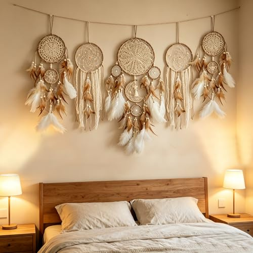 5 Stück/Set Traumfänger, Boho-Wanddekoration, Mond und Sonne, Feder, handgefertigt, traditioneller Traumfänger, Wandbehang, Dekoration für Kinderzimmer, Erwachsene, Wohnzimmer, Zuhause, böhmische