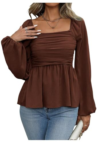 Floerns Women's Bishop Long Sleeve Ruched Square Neck Ruffle Hem Peplum Blouse Top Coffee Brown X-Large